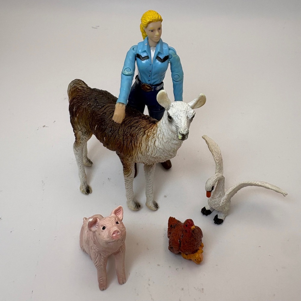 Breyer Cowgirl Rider Doll & CollectA Animal Figure Lot Llama Pig Swan Hen